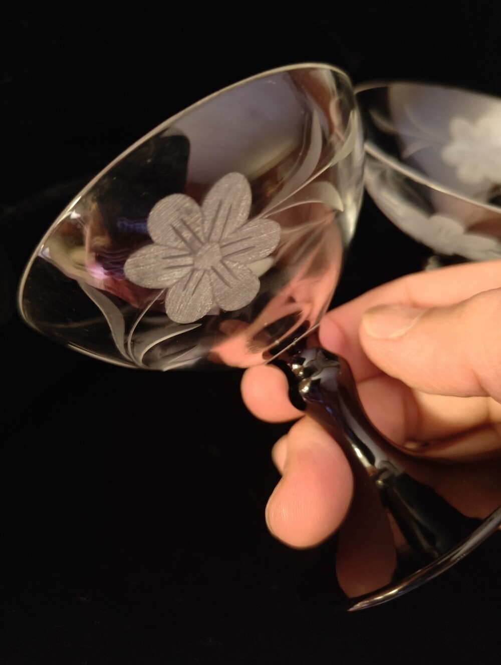 Etched Floral Crystal Dessert Coupe / Liquor Glass with Black Stem -Set of 2
